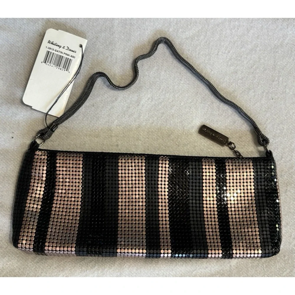 Vintage Whiting & Davis NWT Striped Mesh Clutch Writlet Blk/Pink Zip Logo Lined